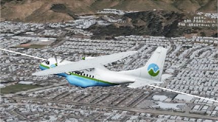 3D model of a Cesium branded airplane on a flight path over 3D buildings and terrain