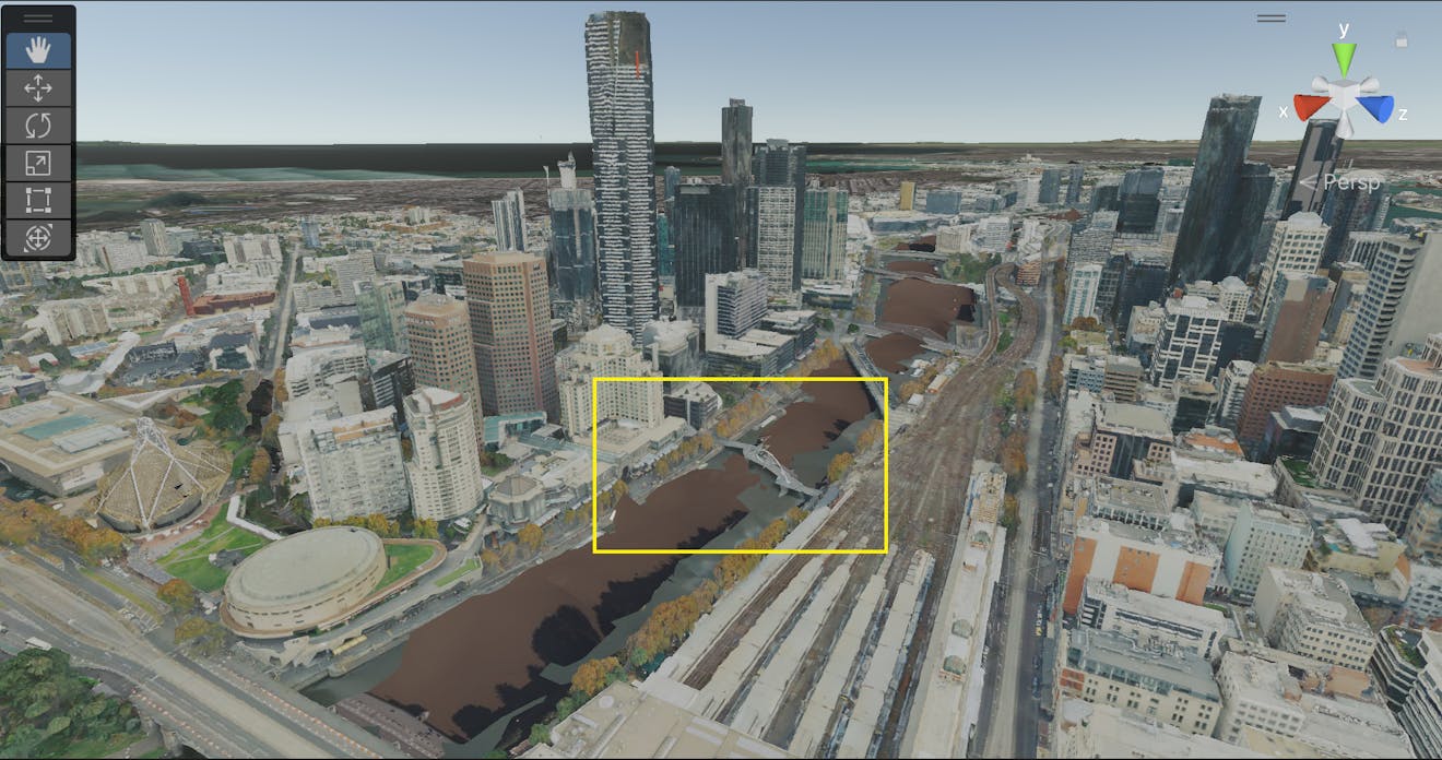 This looks good from a distance, but when we zoom in close we can see some places where the Cesium World Terrain sticks up through the photogrammetry model.