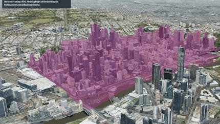 Screenshot of Cesium Stories presentation mode, showing a section of a city highlighted in purple to demonstrate feature picking. 