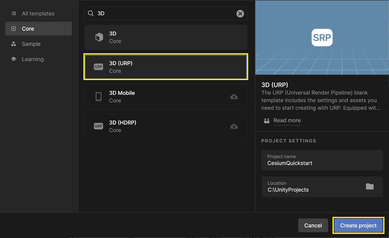 Configure Unity project with 3D (URP) template.