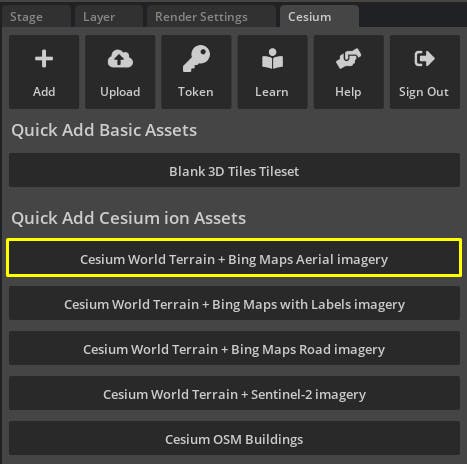 Add Cesium World Terrain + Bing Maps Aerial imagery.