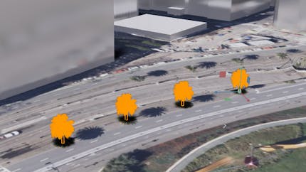 Cesium for Omniverse tutorial: Placing Objects on the Globe. Four palm trees with Cesium Globe Anchors should be placed on the stage using the latitude, longitude, and height specified in the script.