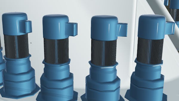 3D model of blue turbines on an assembly line. The tiler preserves materials and geometry of the design model.