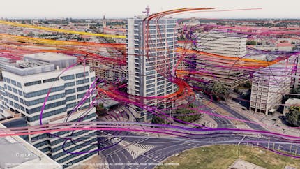 Wind paths in Berlin, Germany, in Cesium for Omniverse—Earth-2 demo at Berlin Summit for EVE. Courtesy NVIDIA.