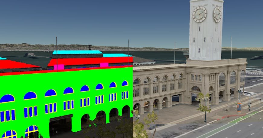 Street level photogrammetry of San Francisco Ferry Building from Aerometrex. Left: per-texel colors showing the feature classification, e.g., roof, sky roof, windows, window frames, and AC units . Right: classification is used to determine rendering material properties, e.g., make the windows translucent.