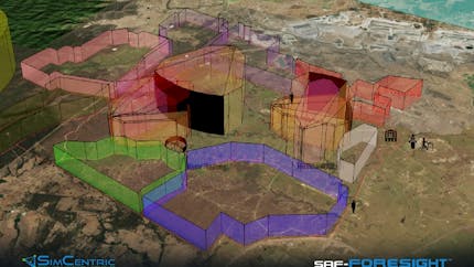 3D range danger area templates with different heights, distances, and angles in purple, green, pink, yellow, orange, and red and locations of participants on a map