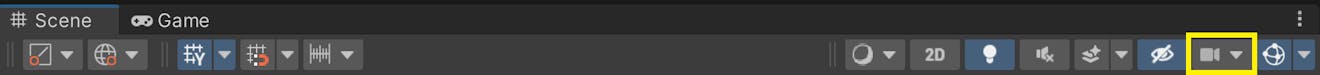 The Unity Editor’s camera works a bit differently than the in-game camera. You can view its settings by clicking the camera icon from the Scene view. 