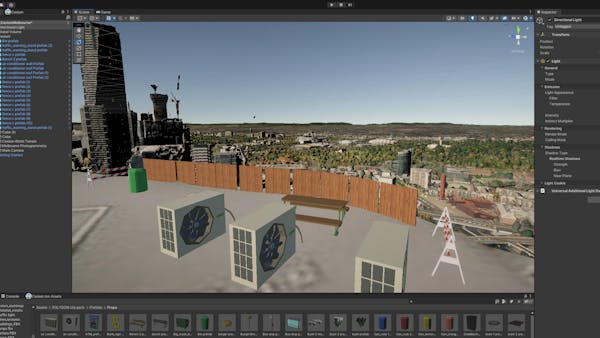 Melbourne rooftop in Cesium for Unity. Black buildings on the left side of the image, brown fencing in the middle, and tan fans in the foreground.