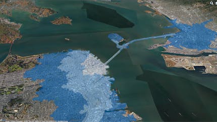Polygons shaded based on travel time metadata.