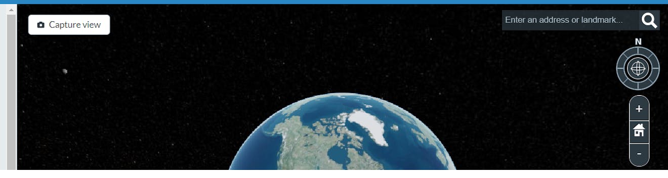 The controls in the Cesium Stories editor viewport, including the capture view button, location search box, and the camera controls 