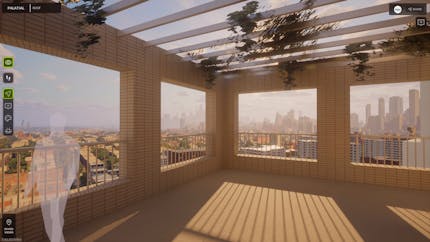 View of New York City from a rooftop patio in Palatial's cloud-based platform.