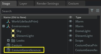 Cesium for Omniverse/Photorealistic 3D Tiles tutorial: Select the CesiumGeoreference object in the Stage window.