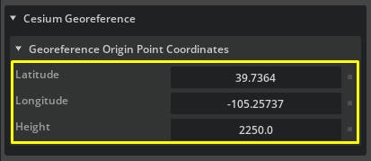 Cesium for Omniverse/quickstart tutorial: In the Property window, look for the Latitude, Longitude, and Height variables under the Georeference Origin Point Coordinates header.