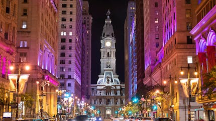 Philadelphia City Hall at night from Broad Street