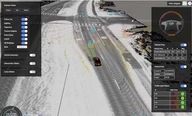 The CesiumJS user interface showing a car on a highway and pop up dialogs to control and display data related to an autonomous vehicle