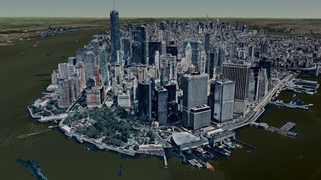 View of 3D buildings on the tip of Manhattan, New York City, tiled and visualized in Cesium ion