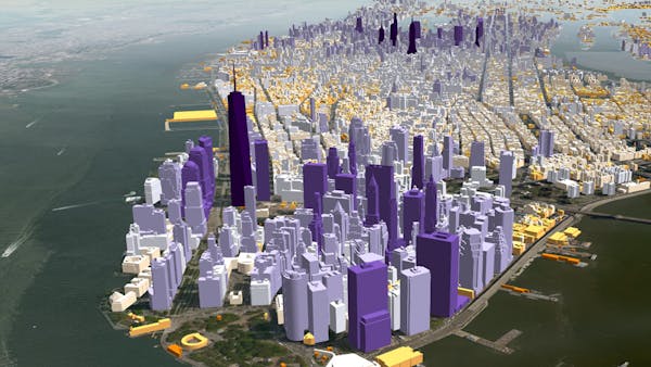 1.1 million Manhattan buildings colored by height at runtime in CesiumJS.