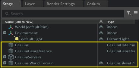 Take a look at the Stage window. You should see four Cesium-related objects. One of them, Cesium_World_Terrain, is the tileset you just created. The other three—Cesium, CesiumGeoreference, and CesiumServers—are created automatically by Cesium for Omniverse and contain shared scene information such as georeferencing coordinates.