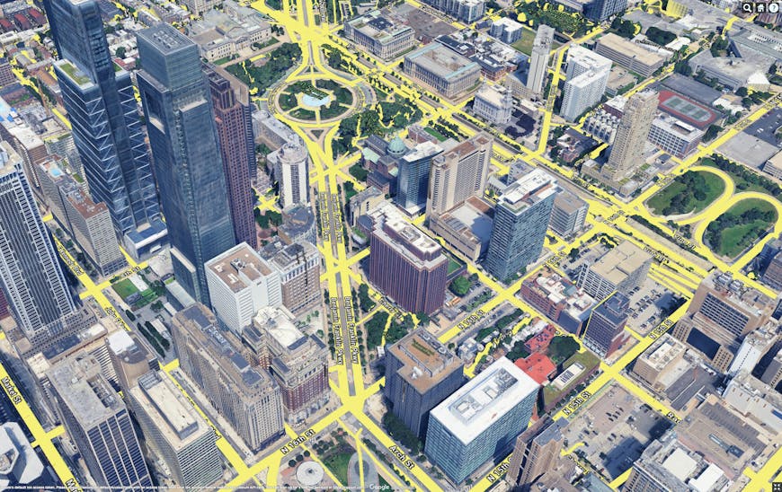 An example of draping imagery on 3D Tiles: Google Photorealistic 3D Tiles with Google Roadmap Tile overlay.