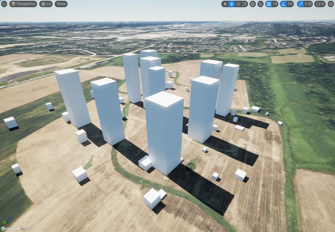 A screenshot showing the local tileset raised so it appears like tall buildings above the field.