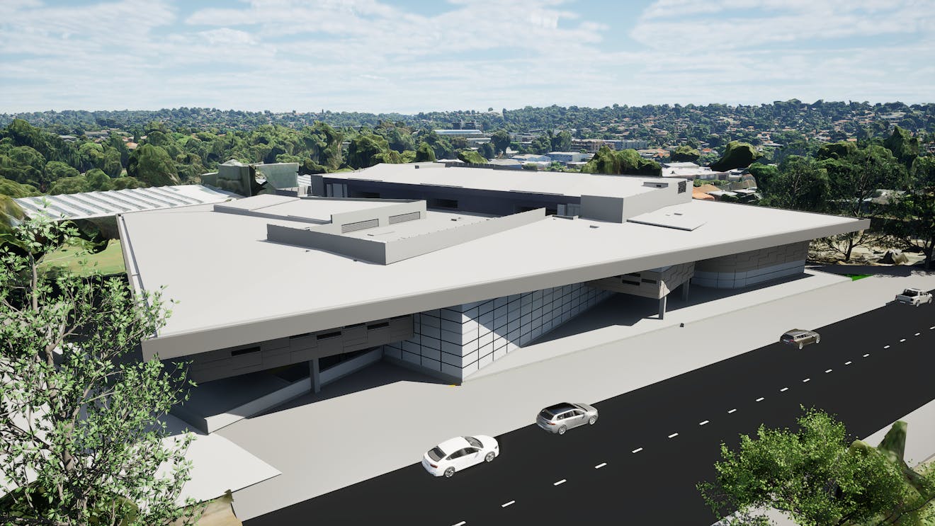 Proposed building design at TAFE NSW Meadowbank, with Aerometrex Reality Mesh context data.