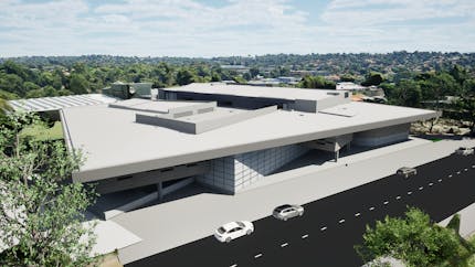 Proposed building design at TAFE NSW Meadowbank, with Aerometrex Reality Mesh context data.