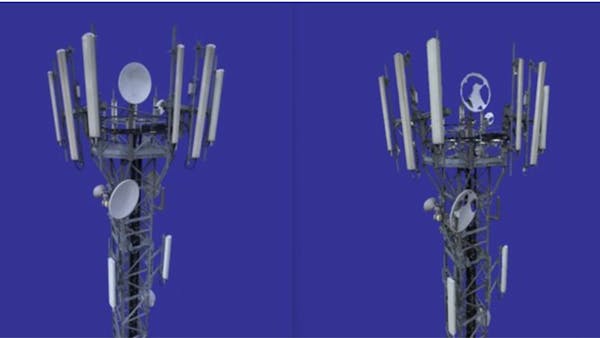 Comparing 3D Gaussian splats using 3D Tiles (left) with reality meshes (right), with particular significance to the thin-and-long geometry such as wires, dishes, poles, and scaffolding.