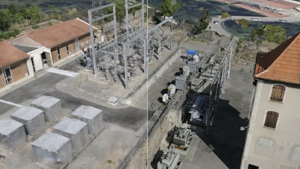 Comparing 3D Gaussian splats using 3D Tiles (left) with reality meshes (right), with particular significance to the thin-and-long geometry such as wires, dishes, poles, and scaffolding.