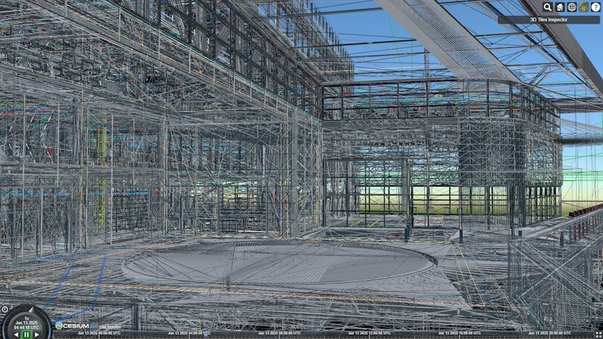 Triangle mesh of an AEC model with 10 million triangles created in Autodesk Revit and visualized in CesiumJS using 3D Tiles.