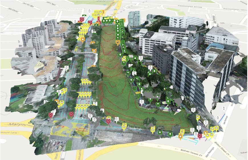 3D reality mesh with AI-powered reality analysis-generated features visualized in CesiumJS. 