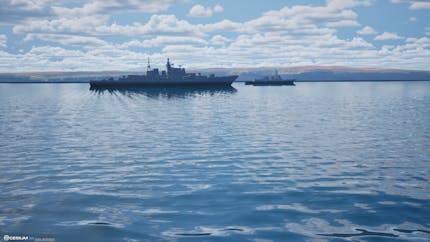 Ship on water with topographic terrain from Cesium World Bathymetry in the background.