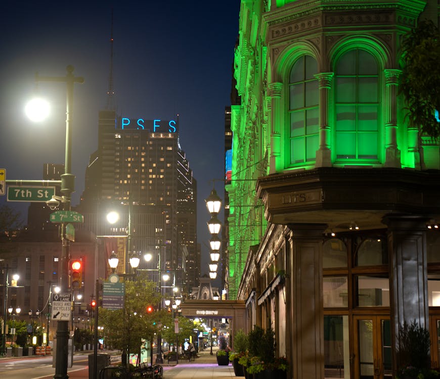 Blue PSFS letters on top of the Loews Philadelphia Hotel in June 2025.