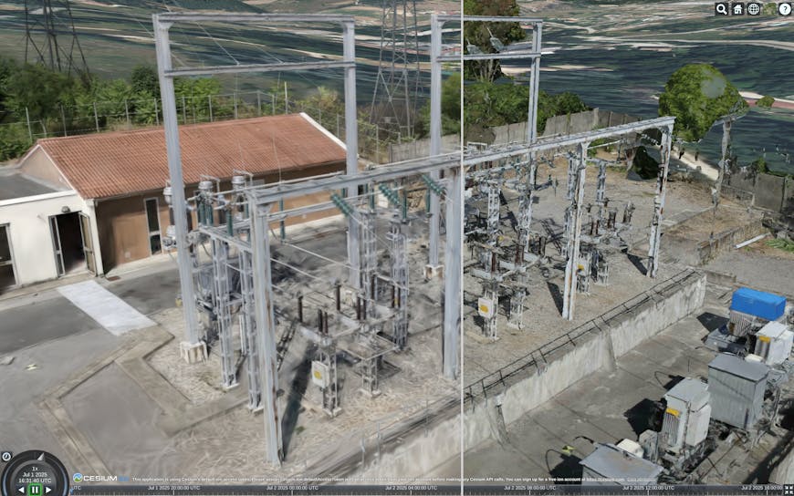 Gaussian splats (left) compared to 3D Tiles Mesh (right) in CesiumJS. 