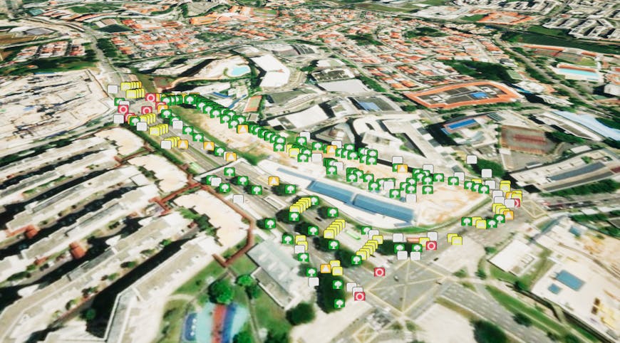 Landmarks in an area in Singapore, parsed from GeoJSON and visualized in Cesium for Unreal. Sourced from iTwin Reality Feature Service (support in progress).