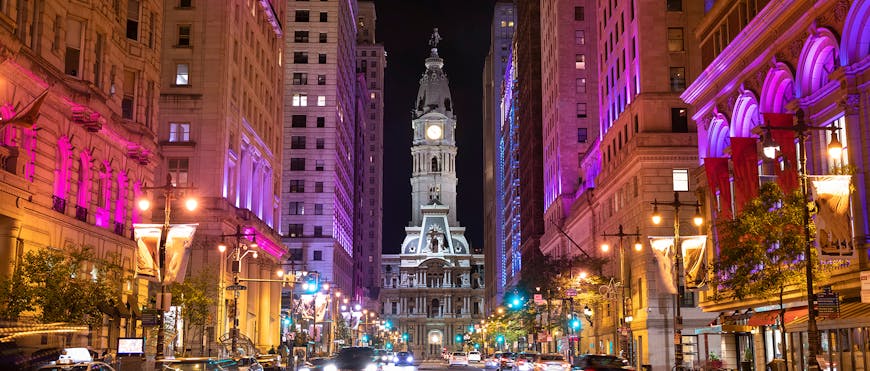 Philadelphia City Hall at night from Broad Street