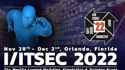I/ITSEC 2022 banner. Text says November 28 to December 2. Orlando, Florida. I/ITSEC 2022. The World's Largest Modeling, Simulation & Training Event.