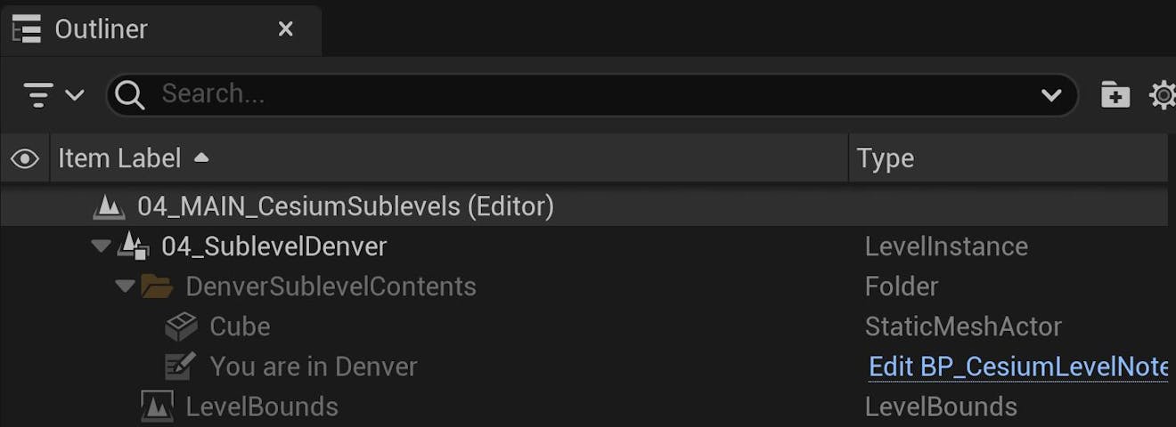 Cesium for Unreal tutorial: Upgrade to 2.0 Guide. Example of an upgraded sample level in the Outliner.