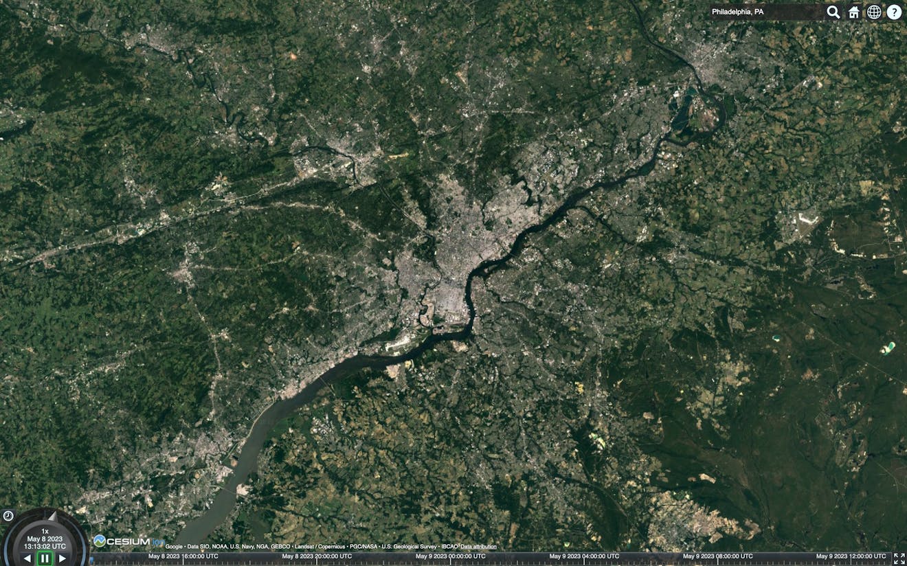 Type the name of an area of interest into the search bar, such as “Philadelphia, PA,” and press enter. The Cesium Viewer will zoom to the location.
