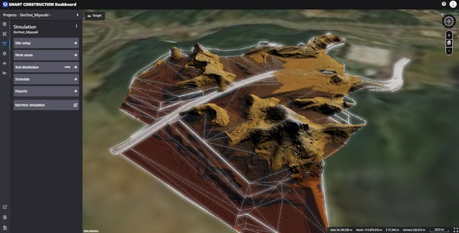 Smart Construction user interface showing construction site simulation