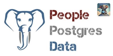 Elephant with "People. Postgres. Data" text on white background.