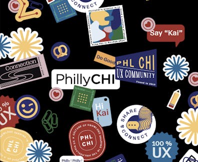 PhillyCHI graphics, with graphics that look like stickers: pretzel, PHLCHI, 100% UX, flowers, and others.