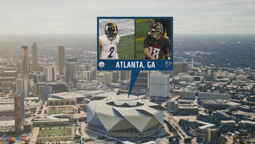 FOX Sports' XR team uses Cesium for Unreal and Google Photorealistic 3D Tiles to build virtual 3D cities to highlight team locations. This image shows the Steelers-Falcons matchup in Atlanta, Georgia, USA.