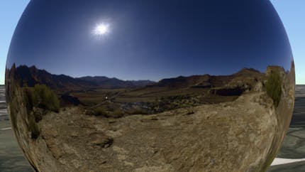 glTF model of a polished metal sphere reflecting the environment, rendered in CesiumJS using improved image-based lighting and an HDR-image environment map.