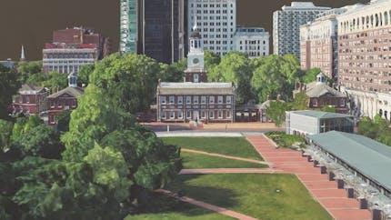A view of Independence Mall in Philadelphia, PA, USA, visualized with Google Photorealistic 3D Tiles in Cesium for Unity and rendered on the Magic Leap 2 headset.