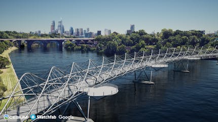 The Schuylkill River with Philadelphia in the background and a 3D model of Singapore's Helix Bridge from Sketchfab in the foreground