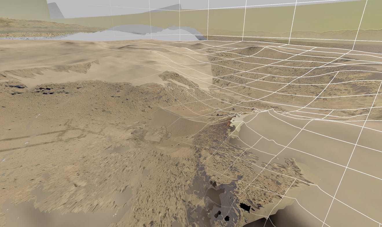 Close up image of Mars landscape, partially ocvered in a grid of tiles outlines