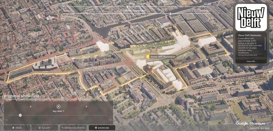 Nieuw Delft master plan, aggregating multiple proposals in accurate geospatial context with Cesium. Courtesy drip visual.