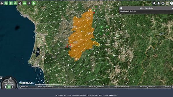 Wind and weather information for an active fire area in Lockheed Martin's Joint Activity Manager, powered by CesiumJS. Courtesy Lockheed Martin.