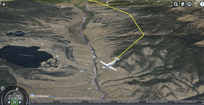 Tracking a Pilatus PC-12 on patrol identifying and mapping wildland fires in CesiumJS. Courtesy Lockheed Martin.