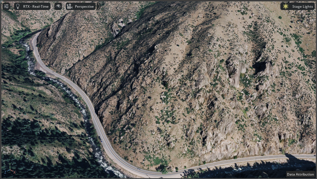 Terrain will start to appear in the scene. A highway runs through gray and brown mountains, dotted with green trees. A river runs along the highway.